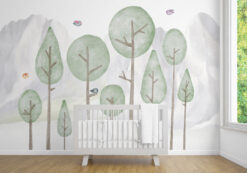 Trees Kids Wallpaper, Watercolor Landscape Wall Mural, Minimal Baby Room Peel and Stick Nursery Wallpaper - Chauvet Wallpaper and Décor