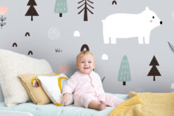 Cute Bear Kids Wallpaper, Nursery Peel and Stick Teddy Pattern Wall Mural, Bears and Trees Baby Room Self Adhesive Wallpaper - Chauvet Wallpaper and Décor