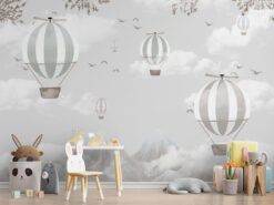 Hot Balloons Flying in the Sky Nursery Wallpaper, Mountains Clouds And Birds Soft Pastel Children Kids Wall Mural - Chauvet Wallpaper and Décor